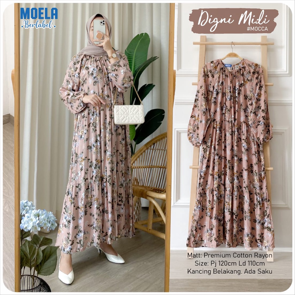 DIGNI MIDI ld 110cm by ORI MOELA premium cotton rayon dress wanita MUSLIM LEVO saku fashion motif oo