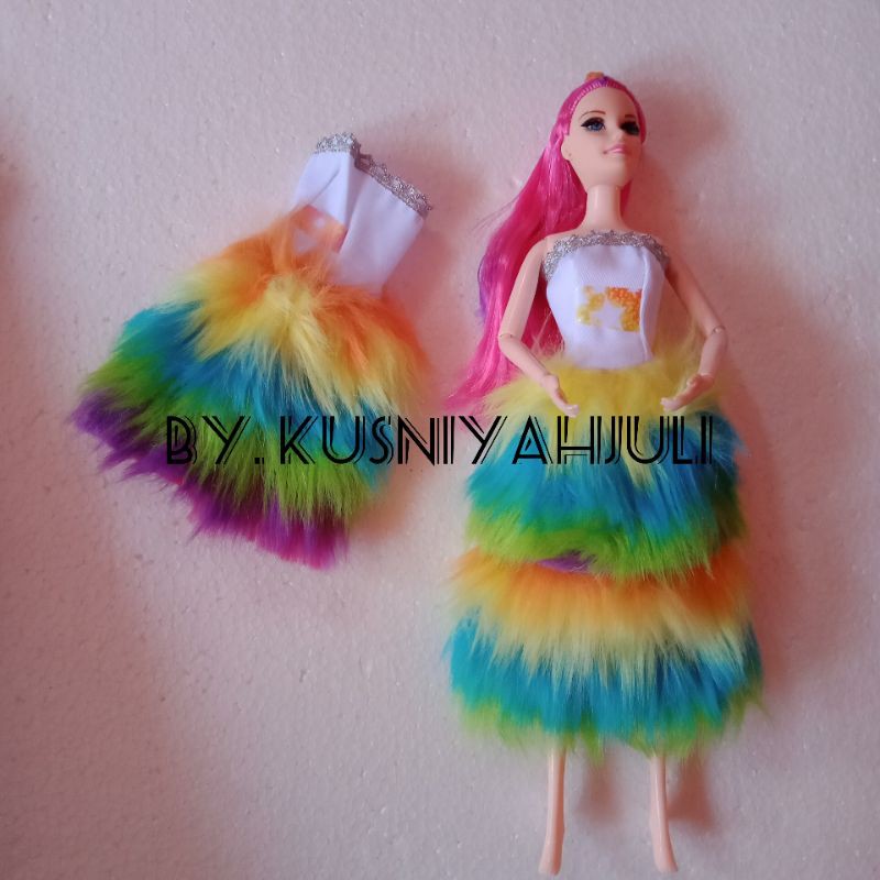 Baju Barbie Dress Bulu Rainbow