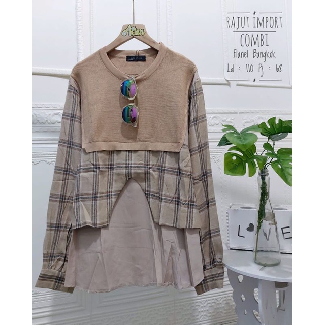 Atasan wanita bahan rajut import kombinasi flanel Bangkok ukuran allsize ld 110