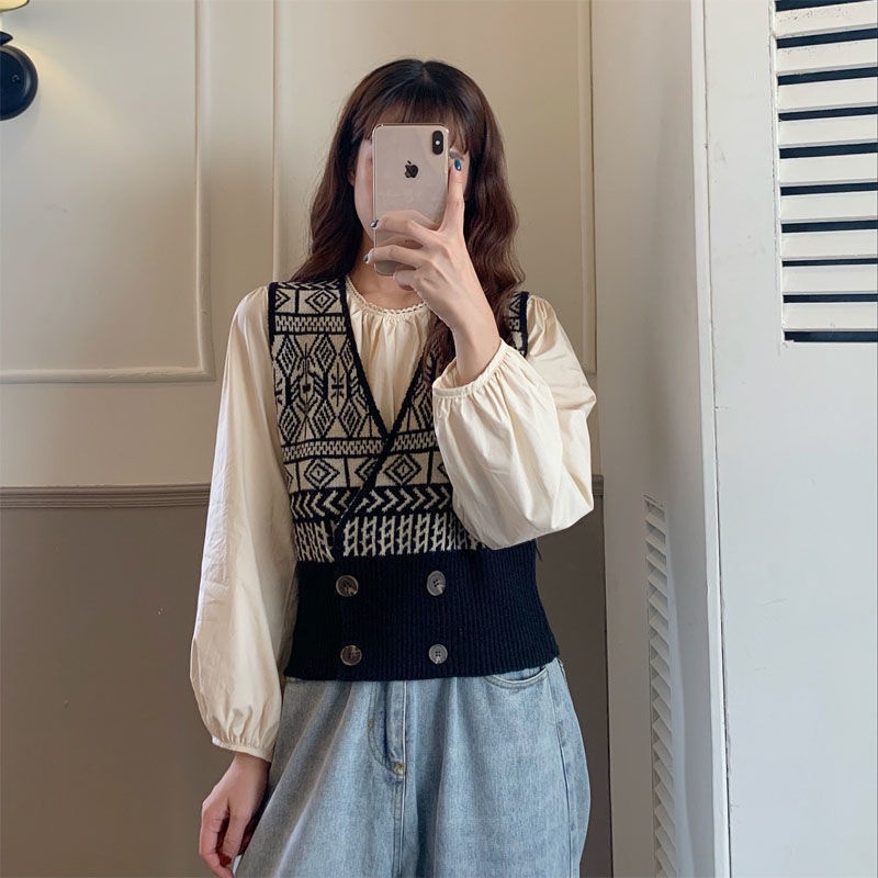 Rompi Rajut Korea Style Baru Wanita V-neck Knit Vest Atasan Tanpa Lengan