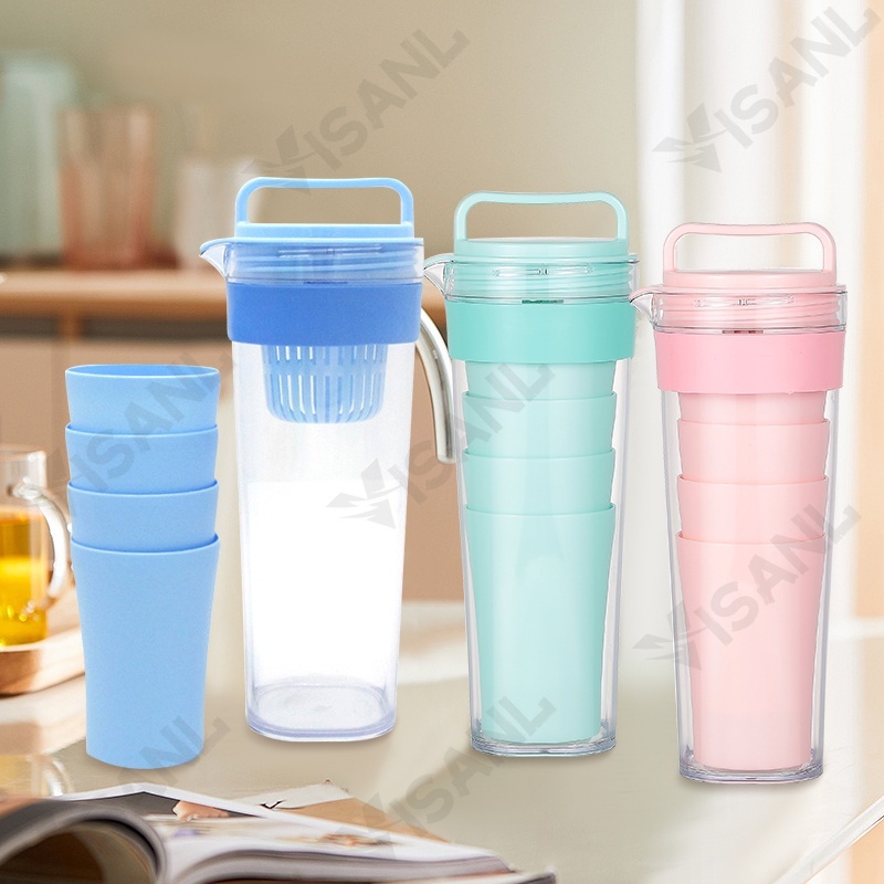 Teko Set 5 In 1 /Travel Cup/Water Mug / Cangkir Air Warna Warni / Teko plastik Ada 4 pcs cangkir