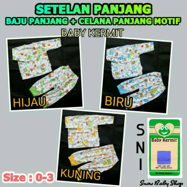 Setelan Panjang Bayi ( Baju Panjang + Celana Panjang Kaki Buka ) Motif 0-3M SNI Baby Kermit