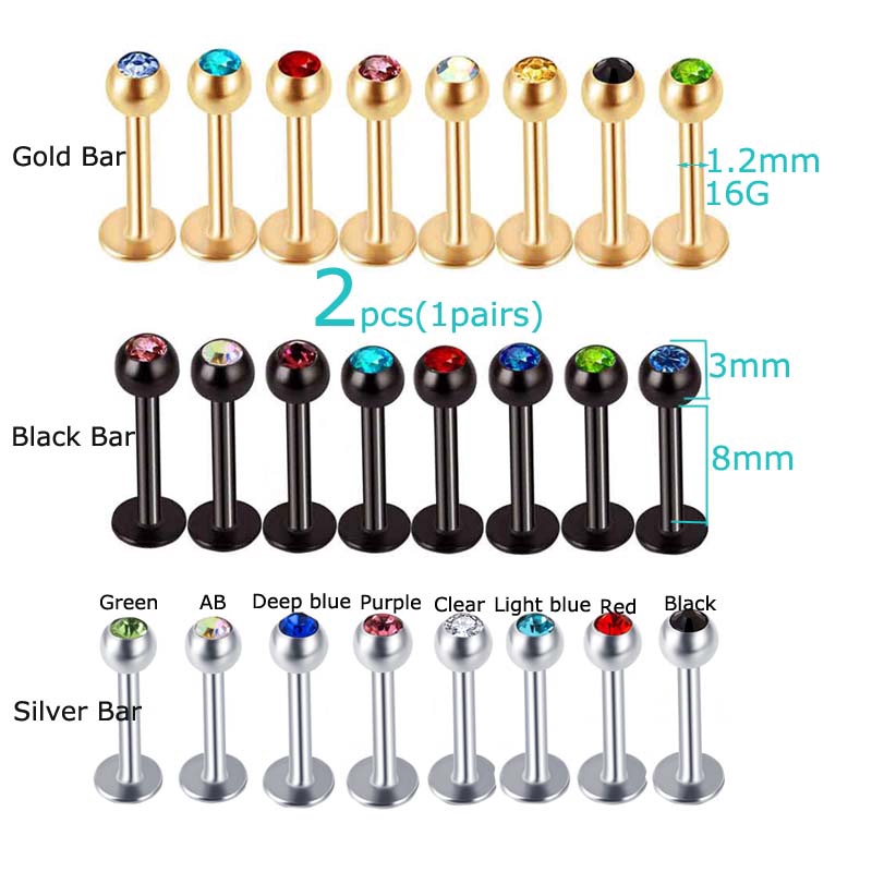 2Pcs Bola Kristal Stainless Steel 3mm 3mm untuk Piercing Bibir / labret / cartilage