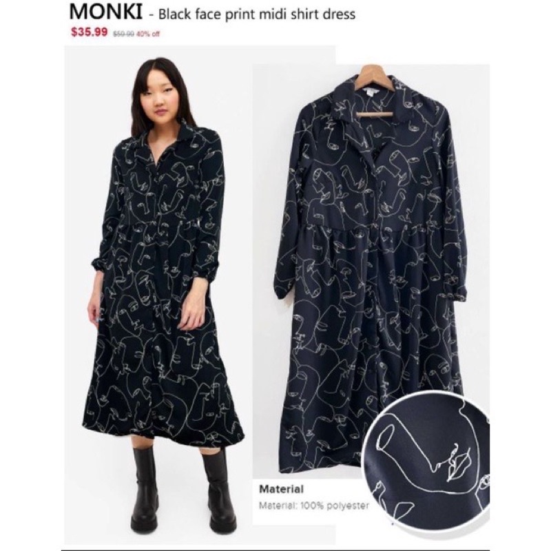 MONKI - Black face print midi shirt dress ukuran M