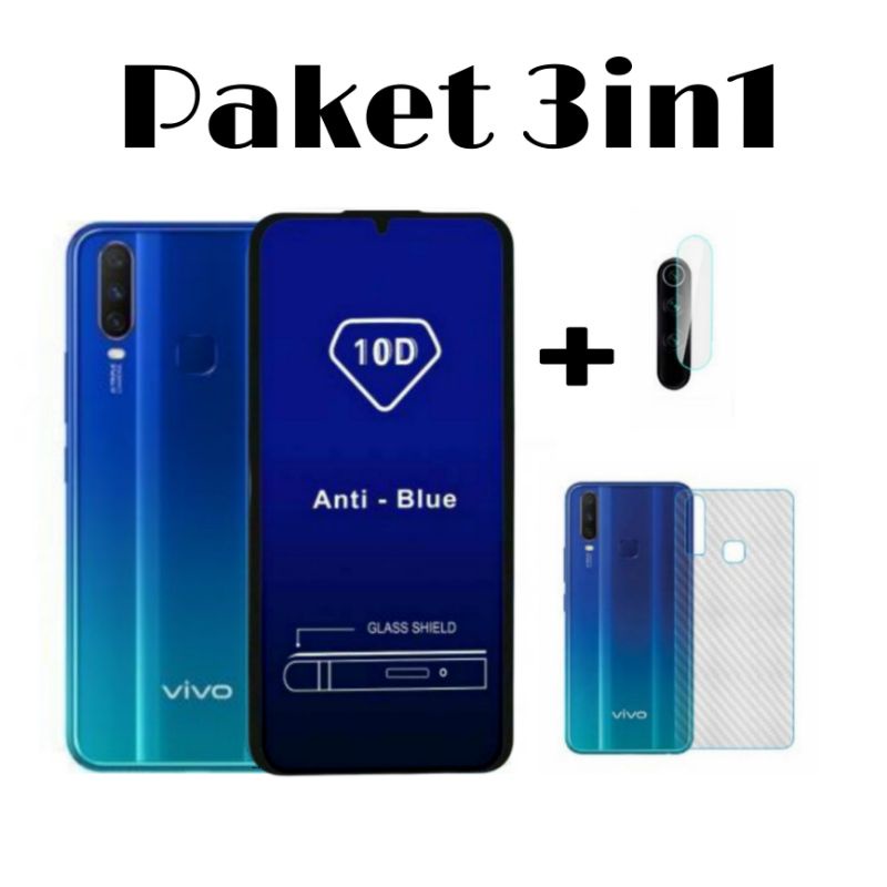 PROMO 3IN1 TEMPERED GLASS BLUE VIVO Y12 Y15 Y17 ANTI GORES KACA FULL SCREEN ANTI RADIASI BONUS SKIN DAN PELINDUNG KAMERA