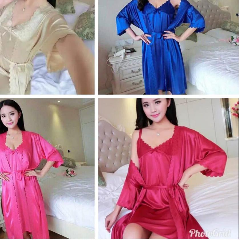 ✽ hokyfashion BAJU TIDUR KIMONO SATIN IMPORT + INNER DALAMAN ♗