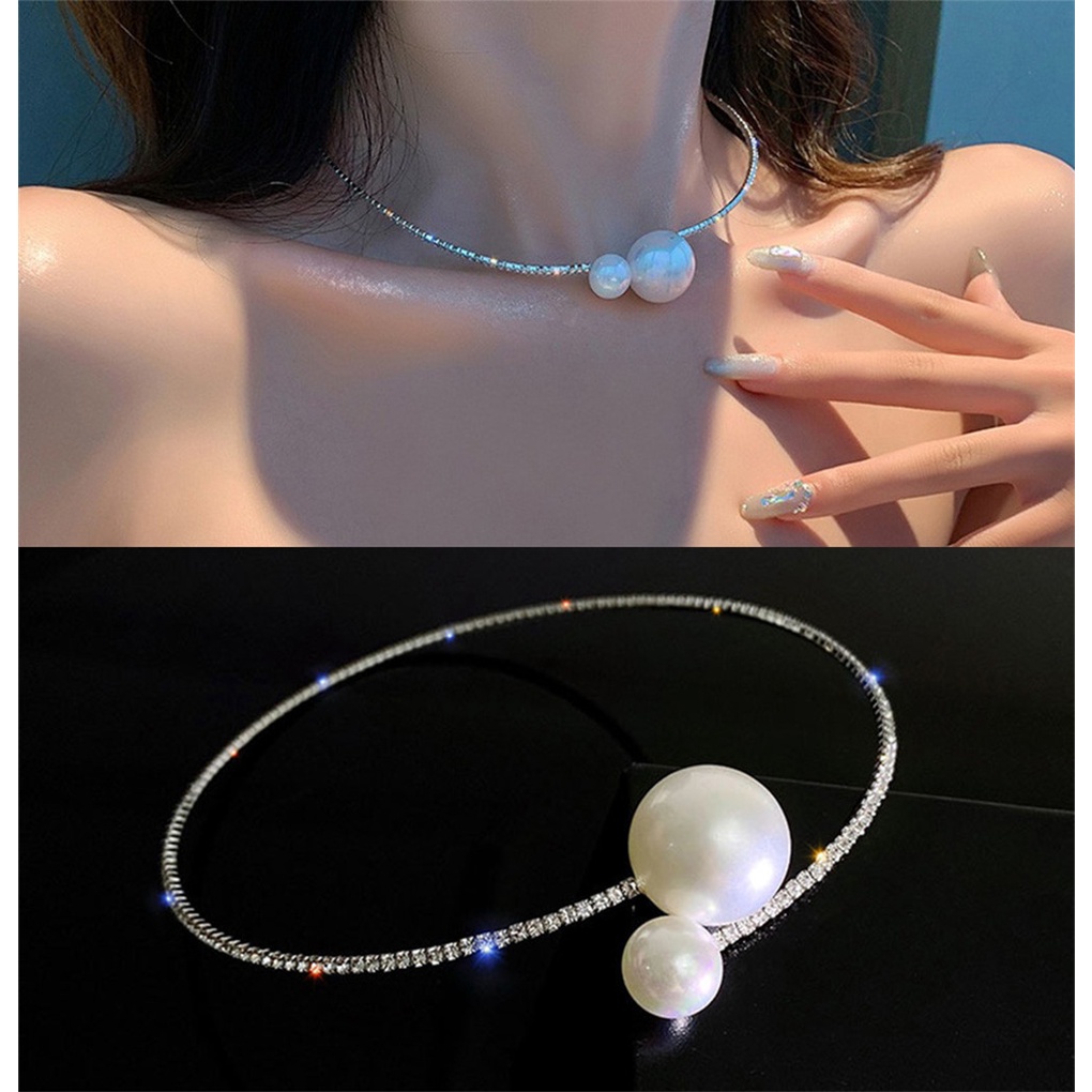 Kalung Choker Rantai Klavikula Hias Mutiara Berlian Imitasi Untuk Wanita