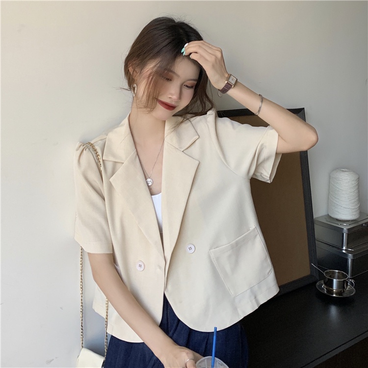 New Fashion Kantong Hitam Beige Korea Blazer Wanita Lengan Pendek Setelan Jas Blazer Women Outer 2023t Murah Jackets