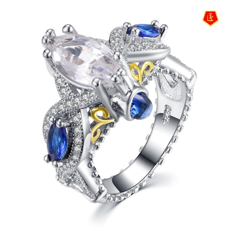 [Ready Stock]Fashion Personality Inlaid Blue Gem Two-Tone Ring 18K Gold