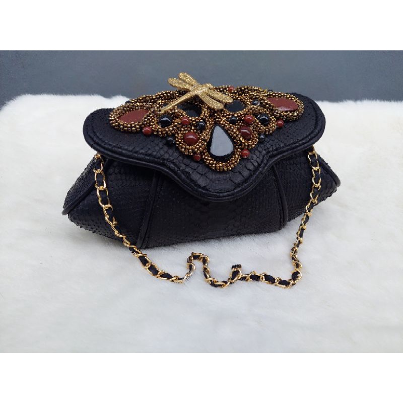Clutch Pesta Sandra Size S -Clutclh Model Kerang Asli Tas Kulit Ular Piton