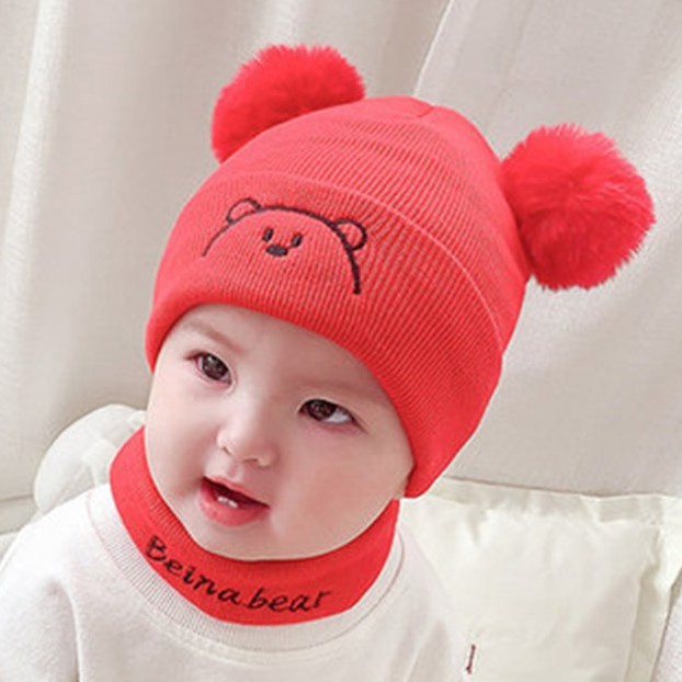 Topi Bayi Laki Laki Perempuan Bordir Beruang Model Kupluk Pompom Usia 0 3 6 bulan umur 1 2 3 Tahun thn Murah Lucu Newborn Baru lahir Bordir