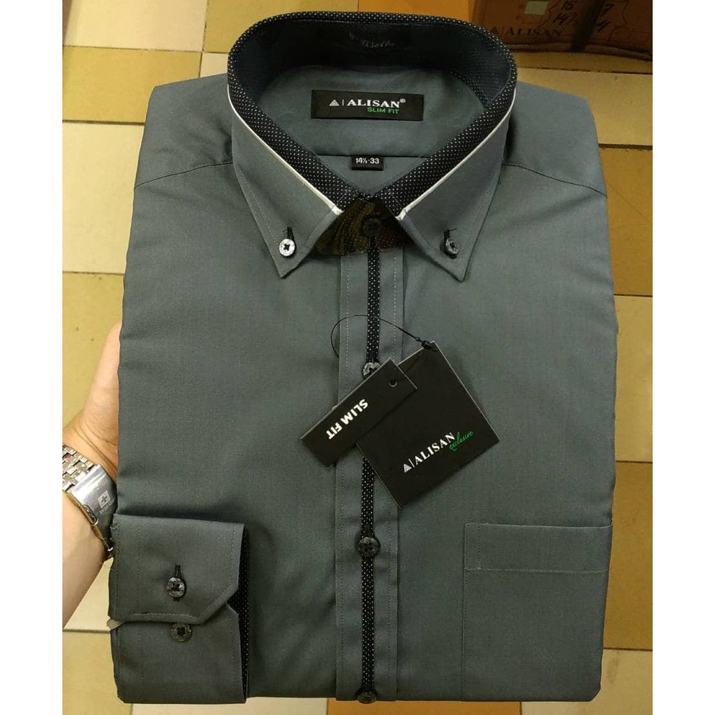 Fashion Pria Terlengkap Murah Kemeja Pria Alisan Slimfit Panjang Merah Maroon Abu Tua List Tengah