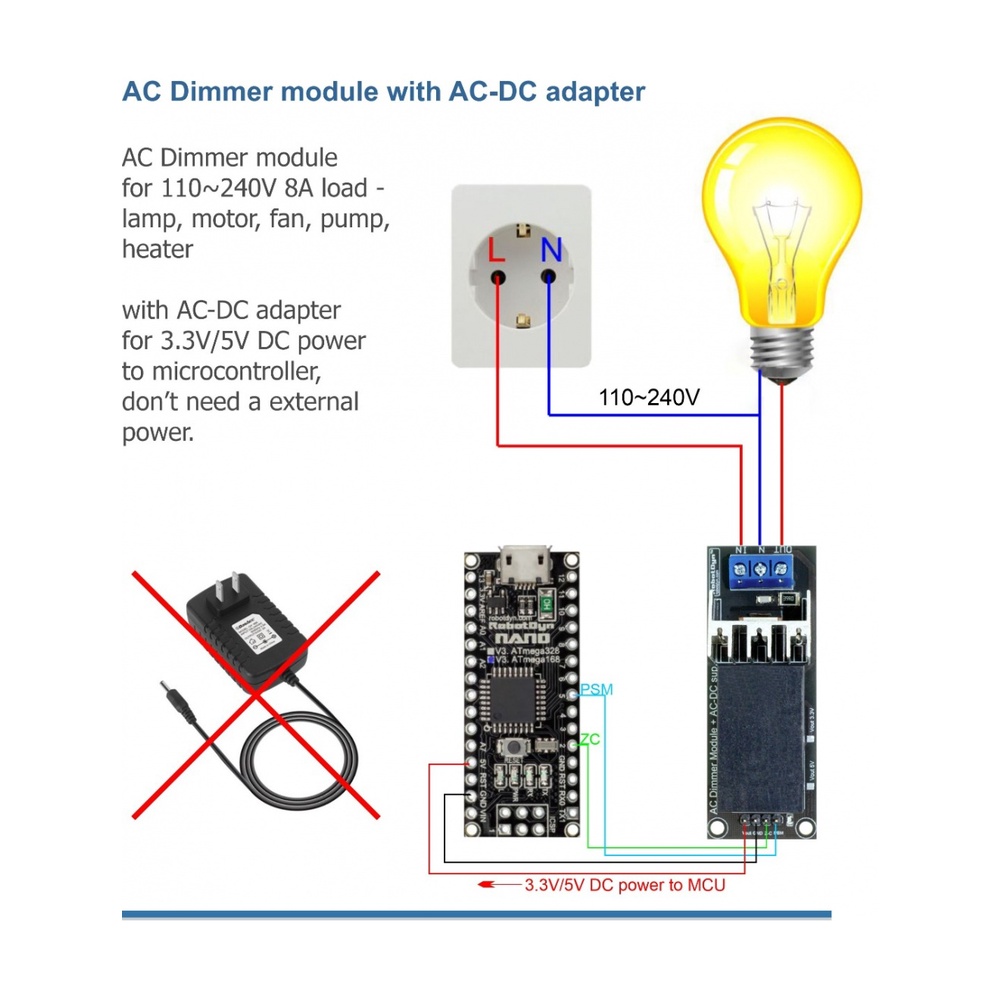 RobotDyn AC Dimmer 8A AC-DC power supply 1 CH 3.3V 5V AC 110~240V 8A