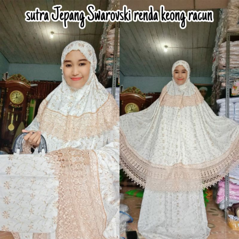 Mukena Putusan Atas Bawah Sutra Jepang Premium Renda Keong Racun Hiasan Manik Swarosky Cantik Warna 