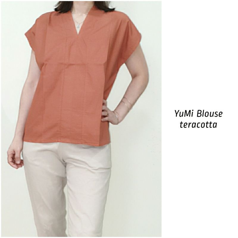 Blouse Atasan Wanita Lengan Pendek Katun Uniqlo, Yumi Blouse#-Yumi Blouse teracota