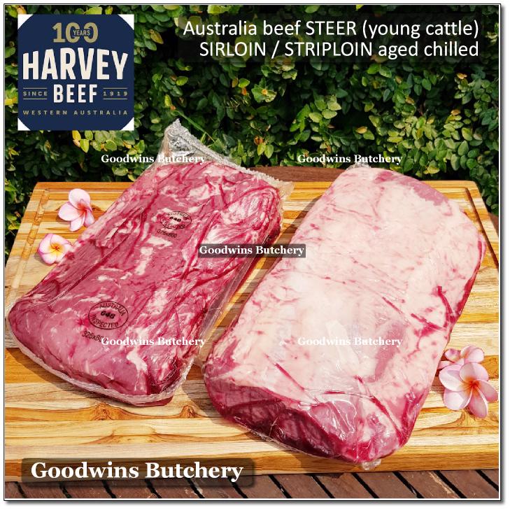 

4.5kg 1pc Beef Sirloin / Striploin / Porterhouse / Has Luar Australia STEER (young cattle) HARVEY aged whole cut CHILLED