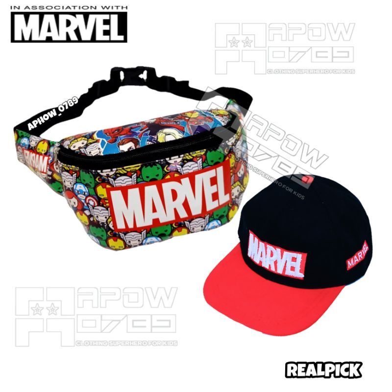 Paket Murah 2in1 Tas Waistbag anak Marvel/Bonus topi Bordir