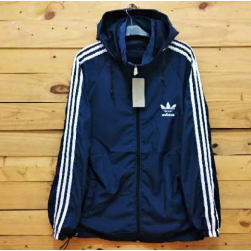 Jaket Parasut Adidas Navy strip Putih Premium Sport Sporty Olahraga Kesehatan Sehat Parasit