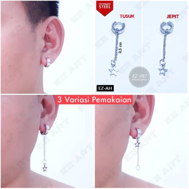 1Pc Model EZ-AH Silver Anting Bintang Pria dan Wanita Jepit Tusuk Variasi Bandul Star