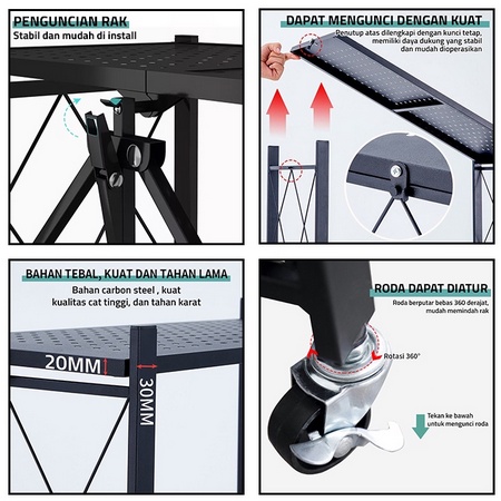 Rak Susun Serbaguna Rak Dapur Rak Penyimpanan Serbaguna Beroda Tanpa Instalasi Queen Folding 3 dan King Folding 4 Tingkat