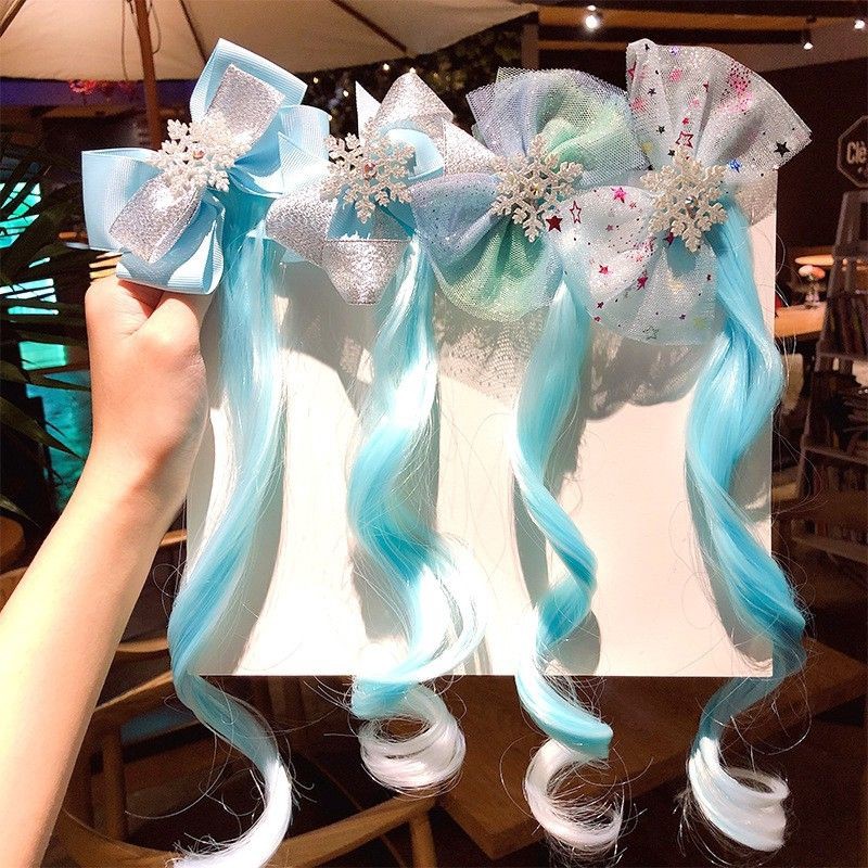 FerenHongXia Gadis-gadis manis Wig biru Snowflake kartun jepit rambut Putri manis hiasan