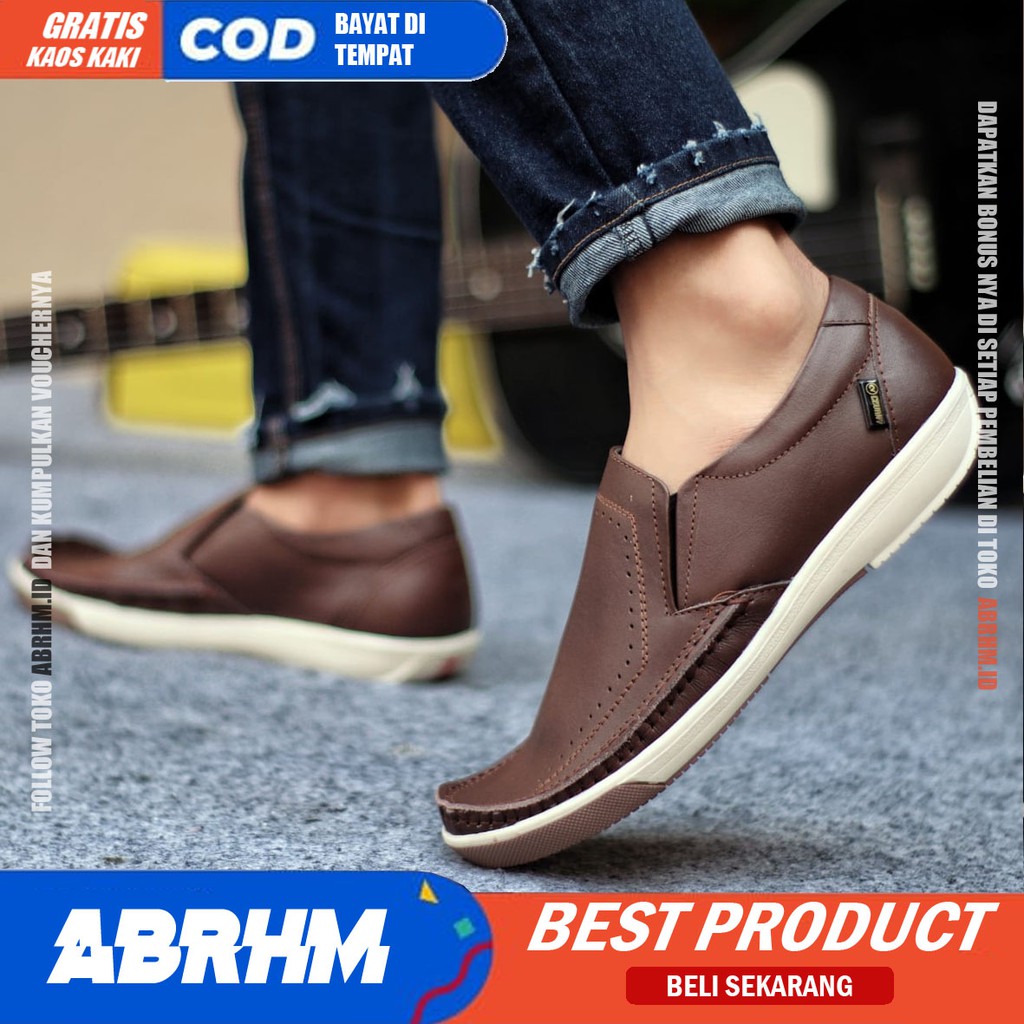 ABRHM X SANDRO Sepatu Casual Slip on Pria Sepatu Slip On Pria Sepatu Pria Casual Kulit Asli Cowok Sepatu Kasual Semi Formal Kerja Kantor Kuliah Anti Slip Gaya Santai Keren Kekinian Original