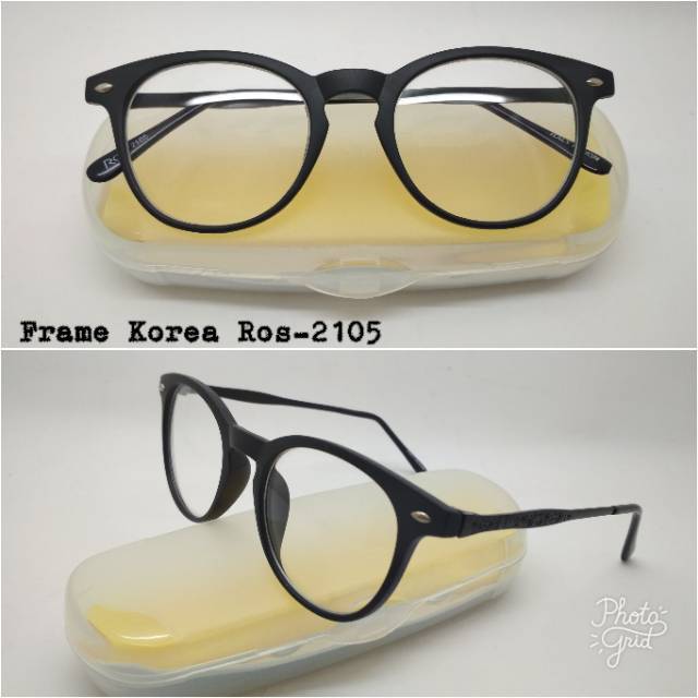 Frame Kacamata Bulat Minus Hitam Doff Korean ROS2105 Kaki besi Pria Wanita Murah Keren terbaru