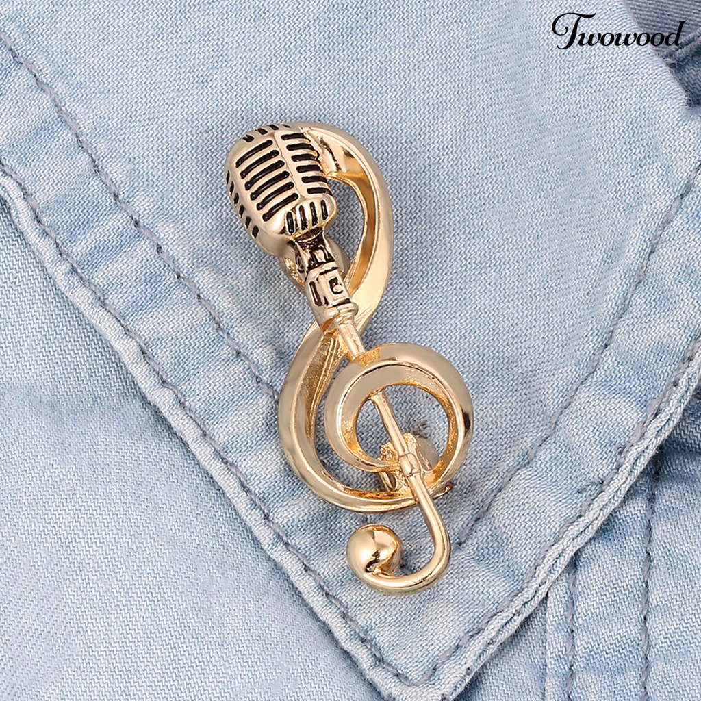 Twowood Microphone Brooch Solid Exquisite Alloy Golden Silver Color Music Note Brooches for Party