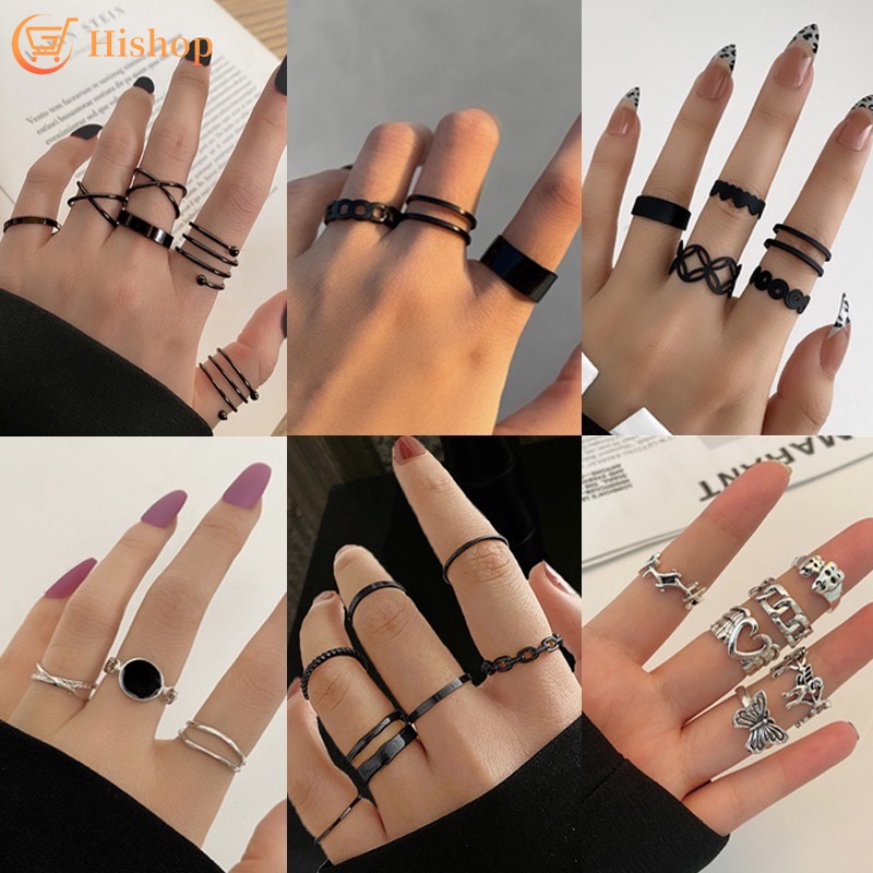 8pcs / Set Cincin Model Terbuka Adjustable Desain Hati Butterfly Aksen Batu Hitam Untuk Wanita