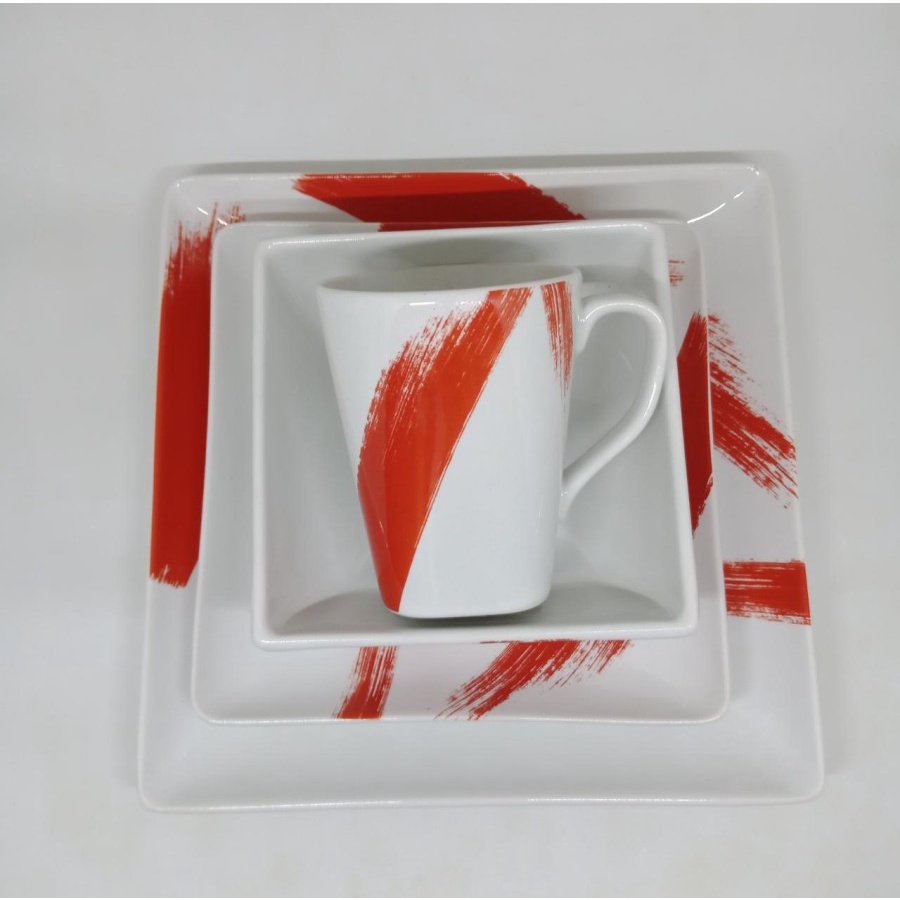 SET 16 PIRING SANGO  DINNER & SALAD MOTIF GARIS PUTIH MERAH