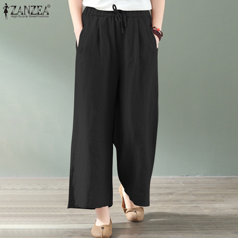 ZANZEA Women Casual Elastic Waist Loose Wide Leg Solid Color Long Pants