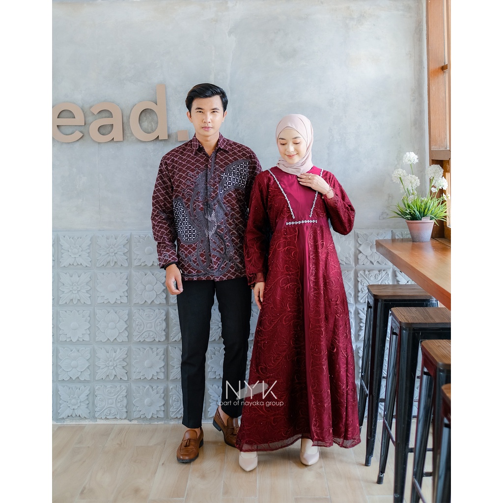 Couple Gamis Batik Lisa Maroon Terbaru - Maxi Dress Pesta Modern Lengan Panjang Premium - Gamis Muslim Couple Batik Kekinian Ada Keluarga