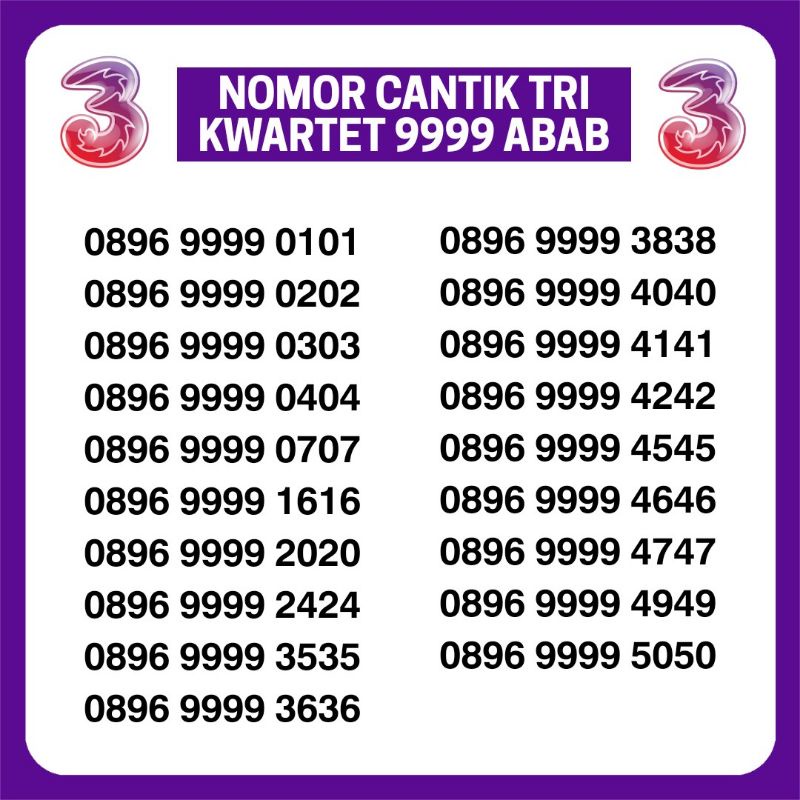NOMOR CANTIK KARTU THREE TRI 3 KWARTET ABAB