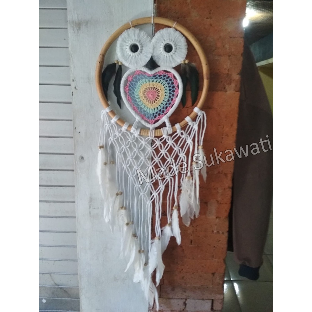 Dream catcher sulam rajut lingkar rotan mata burung Love pelangi hiasan dekorasi bulu ayam