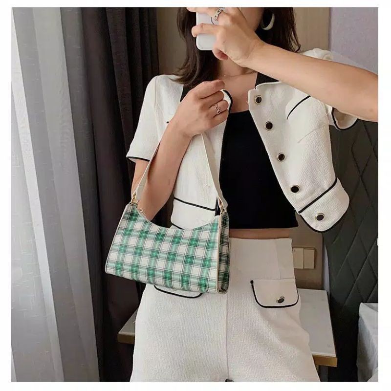 Tas Import Premium / Tali pendek / Motif Kotak / Tas bahu