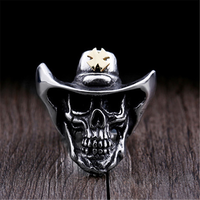 SEUSUK  Cincin Motif Kepala Tengkorak Gaya Punk Vintage Warna Emas untuk Pria