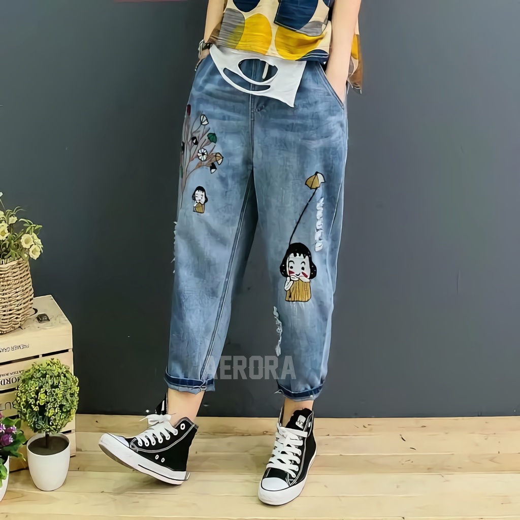 Coiss Celana Baggy Bagy Jeans Pinggang Karet Wanita Premium Hight Waist Kekinian Motif Bordir Ld 60-100 P 87 Snow Edition Allsize