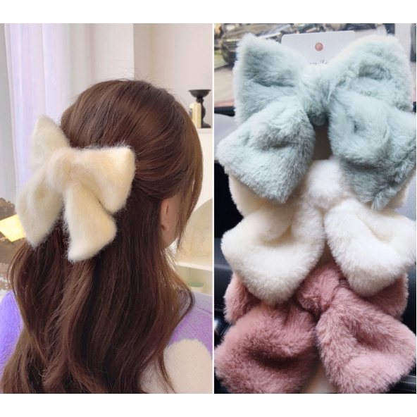 AC065 Jepit Rambut Pita Besar Ribbon Bulu dan Brudu Korea