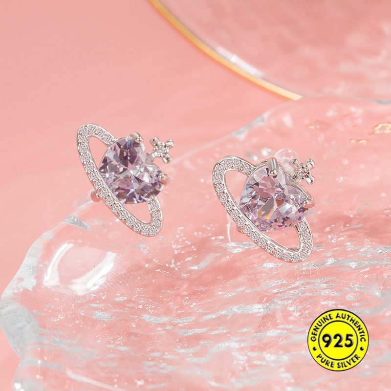Anting Stud Zircon Bentuk Hati Bahan S925 Silver Untuk Wanita