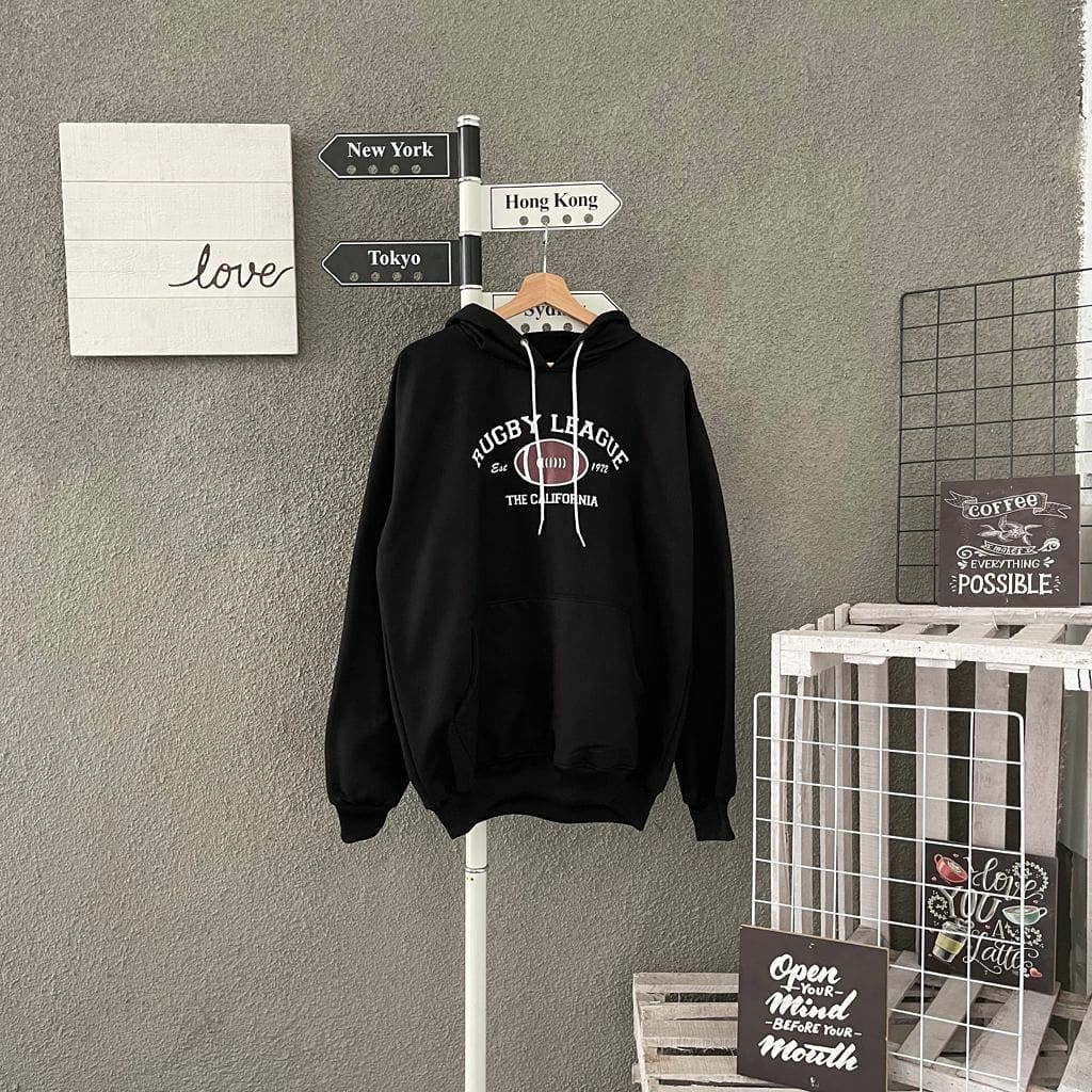 sweater hoodie wanita pria/unisex  RUGBY LEAGUE oversize sweater couple cewek cowok oversize LD 130 CM-Hitam