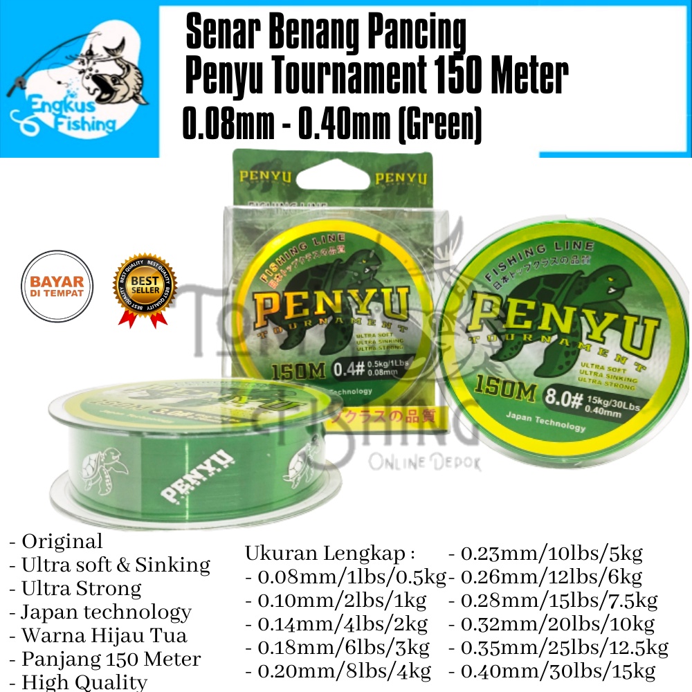 Senar Benang Tali Pancing Penyu Tournament 150 Meter Green (0.18mm-0.40mm) Hijau Tua Kuat &amp; Murah - Engkus Fishing