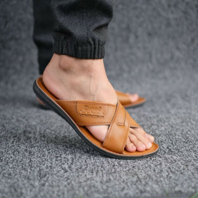 BRLN 002 Tan Sandal Pria Casual Terbaru Sendal Slide Selop Kasual Cowok