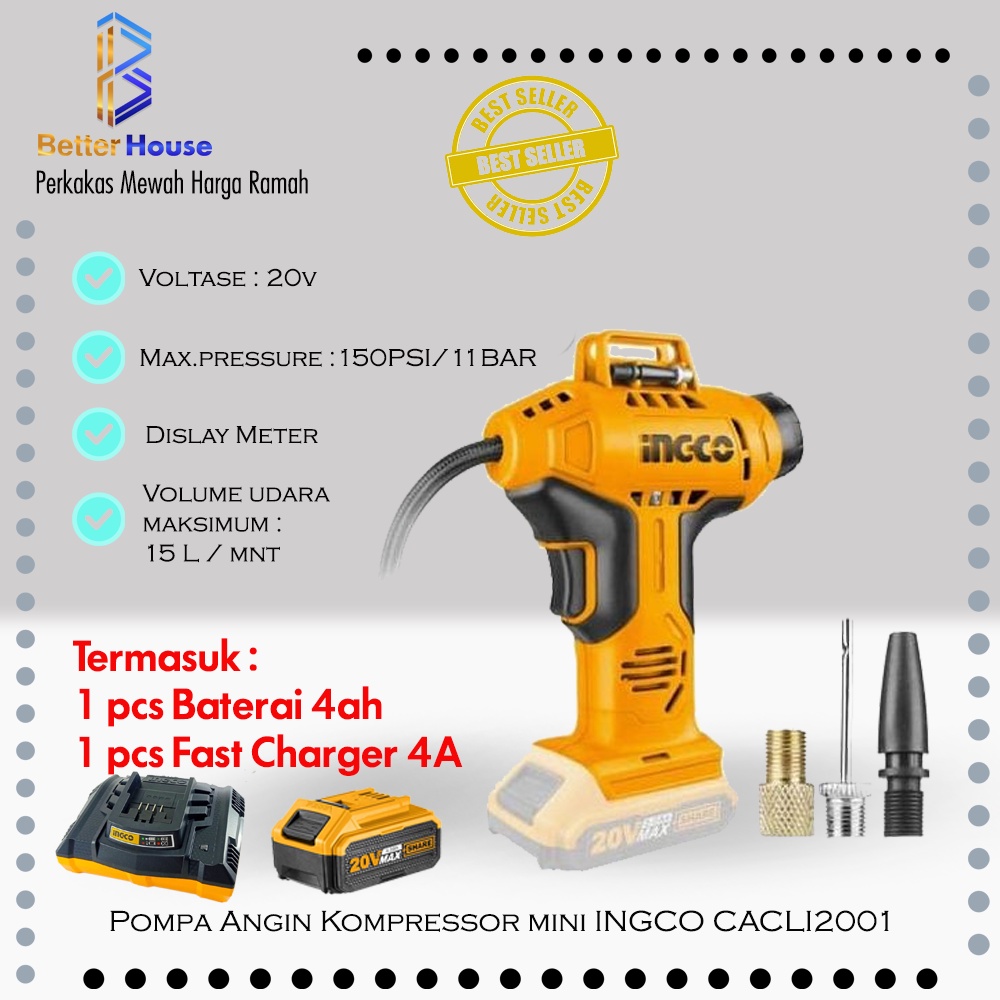 Pompa angin Pompa Ban Kompressor Cordless 20V INGCO CACLI2001 FBLI2002 4ah FCLI2003 Cas 4A