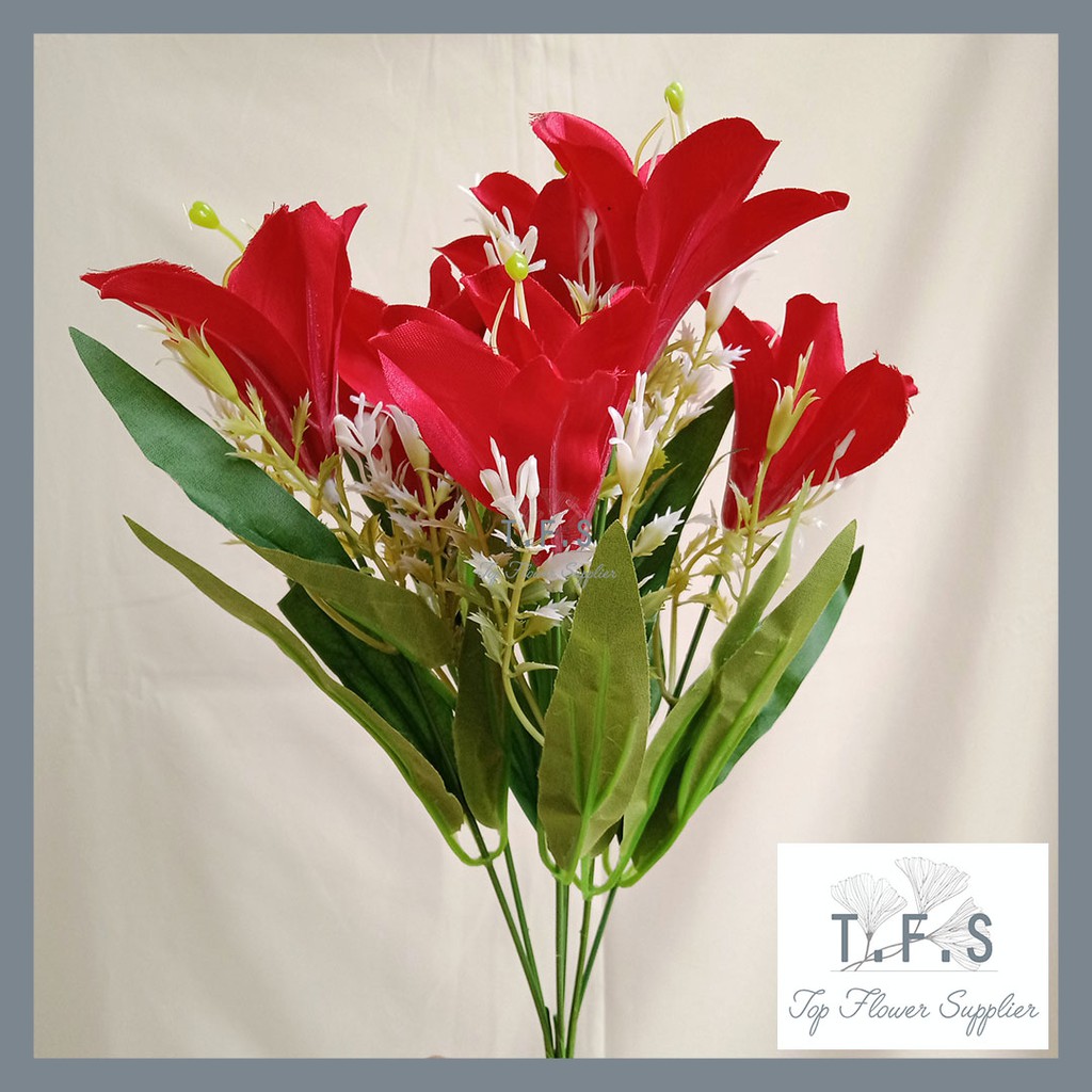 Artificial Lilium Flower Bunga Lily Cabang Palsu Plastik Dekor Pajangan Hiasan Meja Ruang Tamu-RED