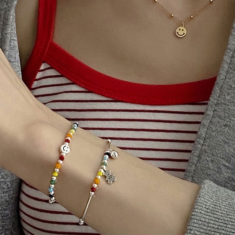 Gelang Tangan Manik-Manik Bulat Aksen Beruang / Hati / Smiley Warna Pelangi Ala Korea Untuk Wanita