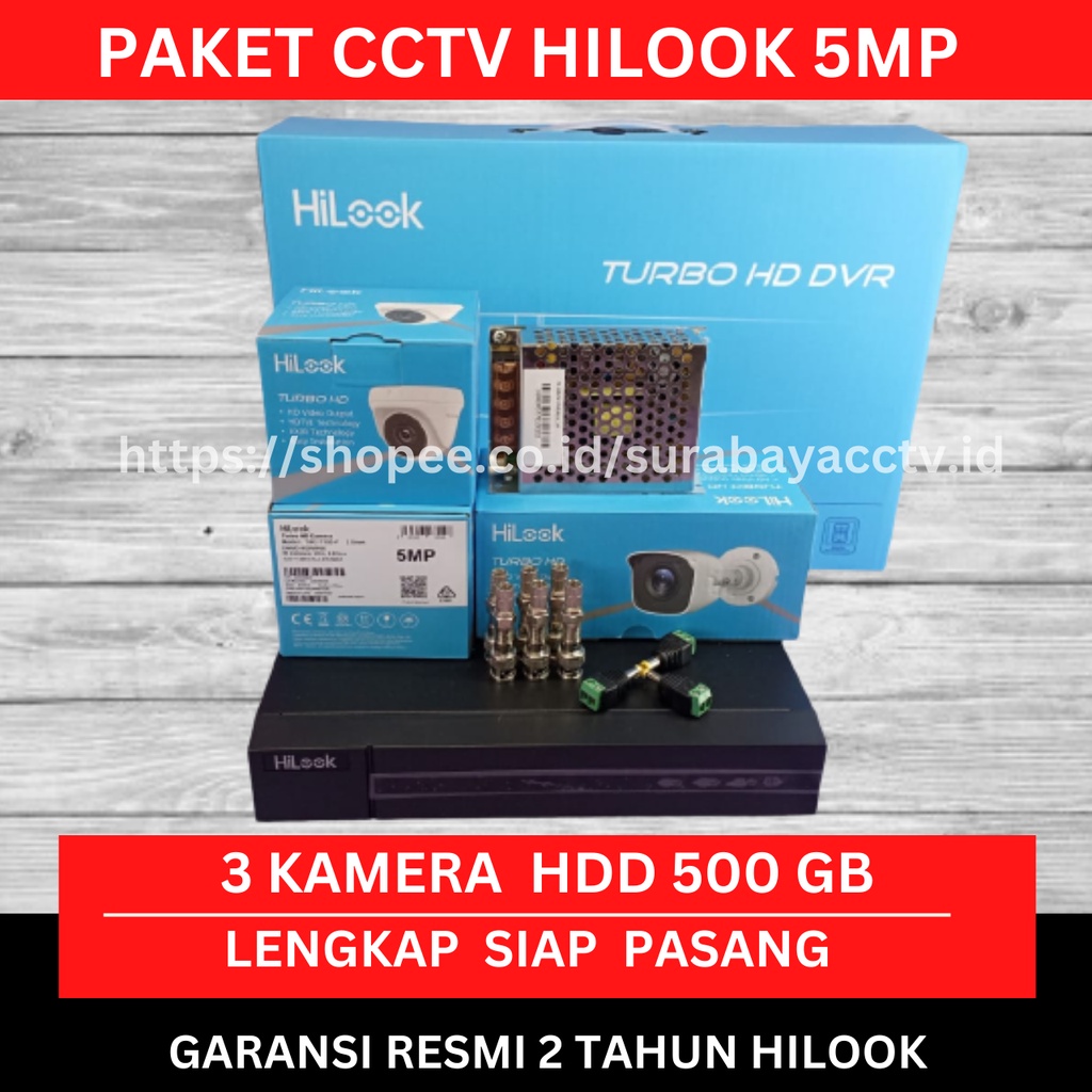 PAKET CCTV HILOOK 5MP 3 KAMERA HDD 500GB SIAP PASANG