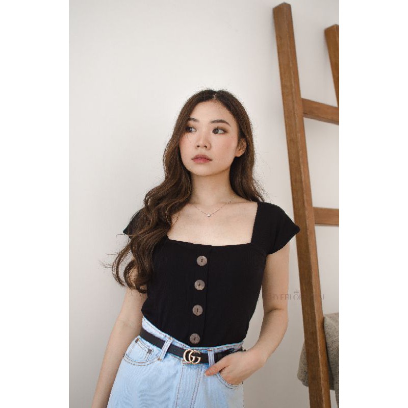 HYERIES NELL Atasan Casual Wanita Rajut / Korea Square Neck Knit Top Buttons / Knitwear Wanita