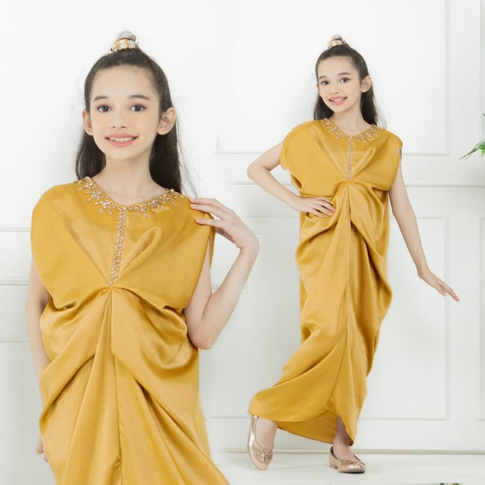 PROMO KAFTAN MYREDO - Kaftan Anak Perempuan Baju Kaftan Bahan Satin Savira Kids - GOLD MURAH PUTIH T