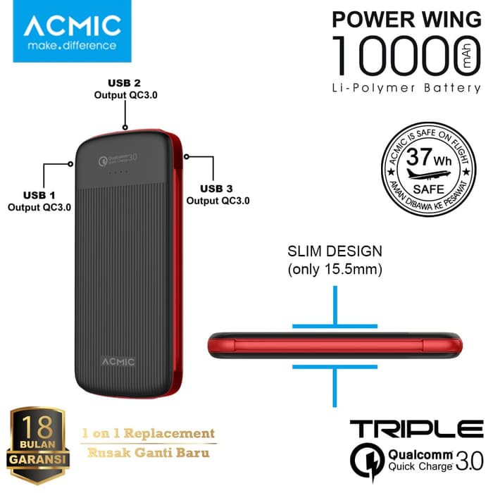 KHANZAACC ACMIC Power Wing 10000mAh Power Bank with Triple Quick Charge 3.0