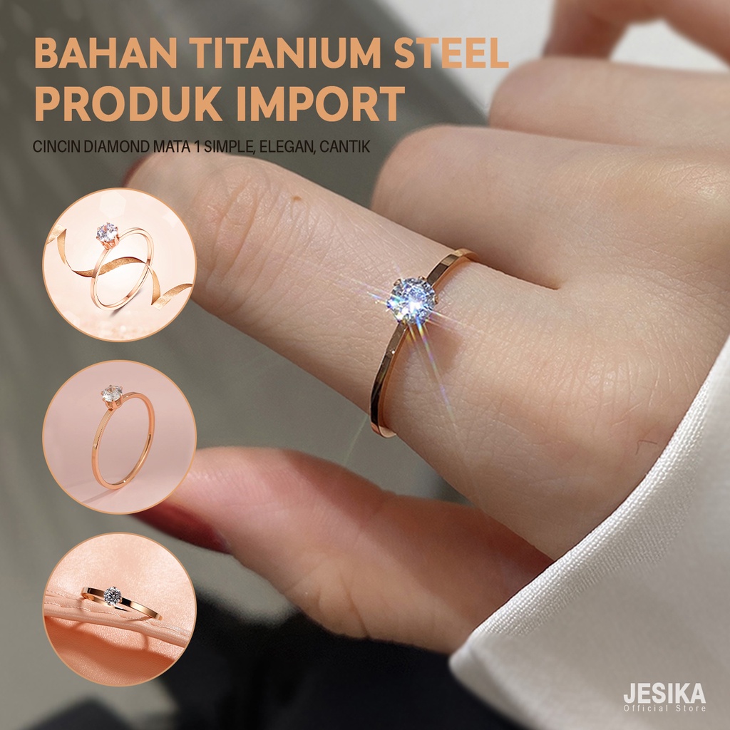 Cincin titanium berlian wanita warna emas rose gold model diamond batu zirkon permata